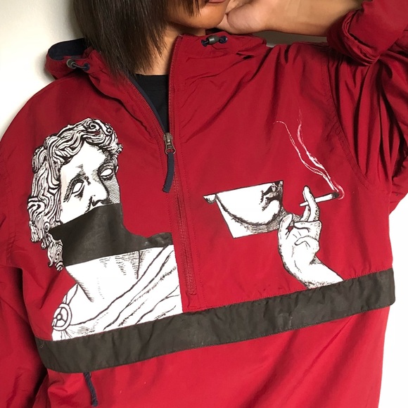 Vintage Red Windbreaker, Custom Hand painted Art - Picture 4 of 6